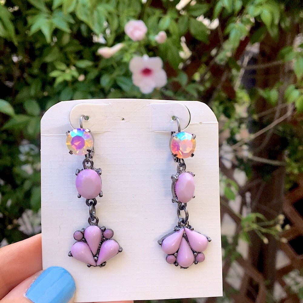 Lavender + Pink Opal Aurora Borealis Crystal Drop Statement Earrings - Picture 8 of 17
